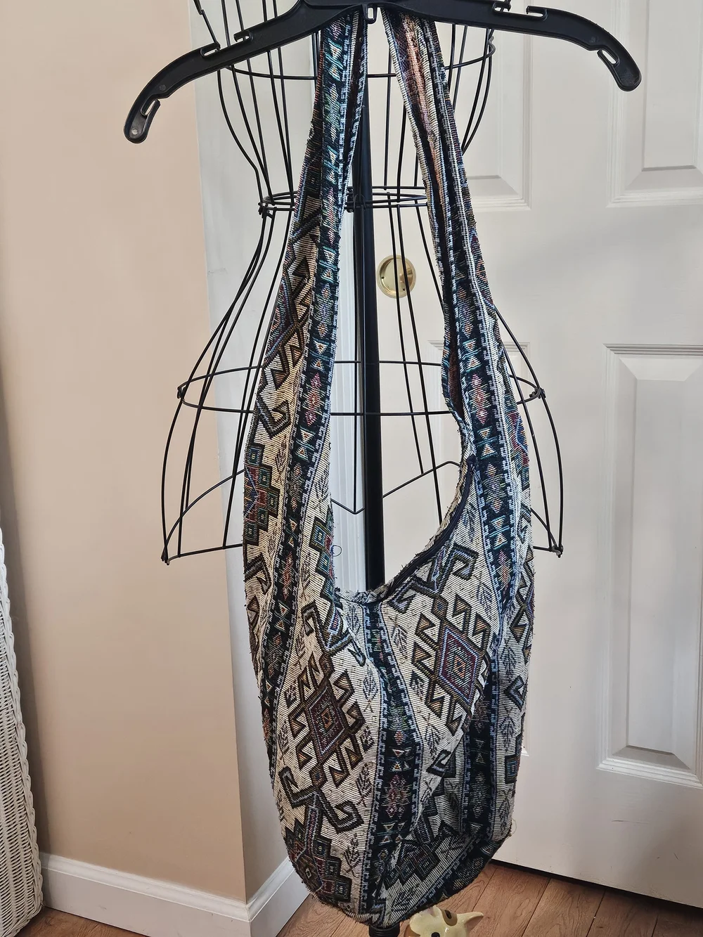 Boho Woven Tapestry Hobo Bag in Cream with Multicolor Aztec Pattern